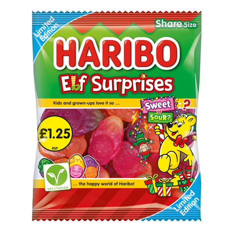 Haribo Elf Surprises Christmas Sweet & Sour Fruit Flavour Sweets Sharing Bag 140g P - Bonbons de Noël - 12 x 140g (1,68kg)