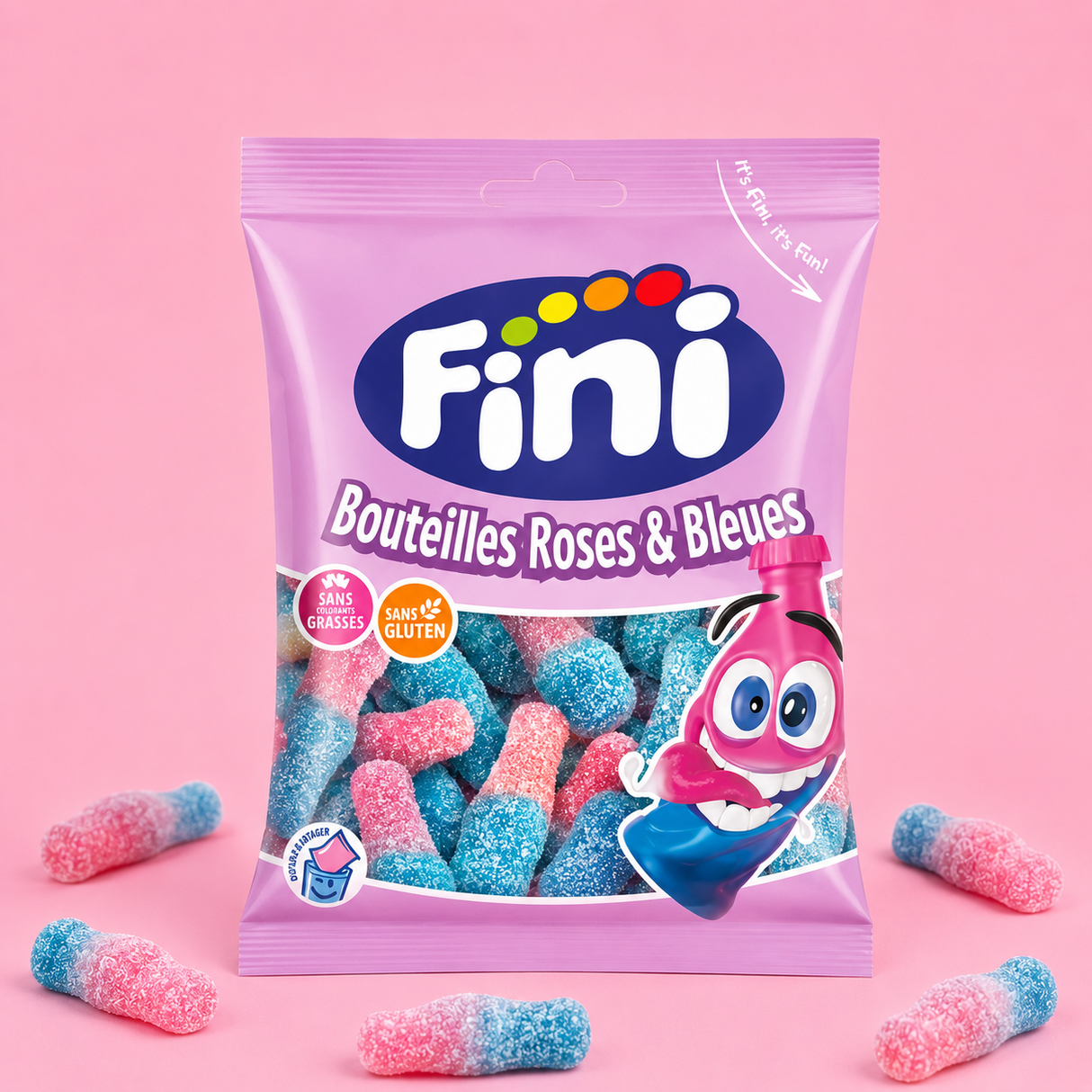 Bouteille rose et bleu halal fini sachet 90g x 12p